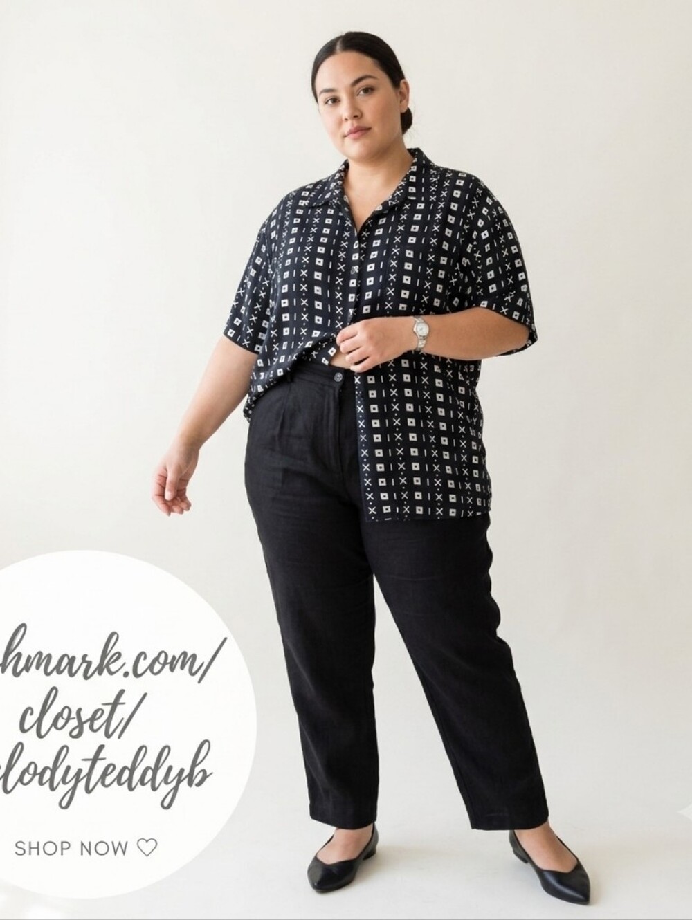 ​Vintage Carolina Colours Plus Geometric Rayon Blouse 28W Black White Y2K